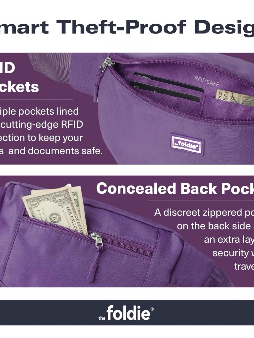 The Foldie Crossbody Fanny Pack Belt Bag Black Anti Theft RIFD Foldable - Picture 3 of 9